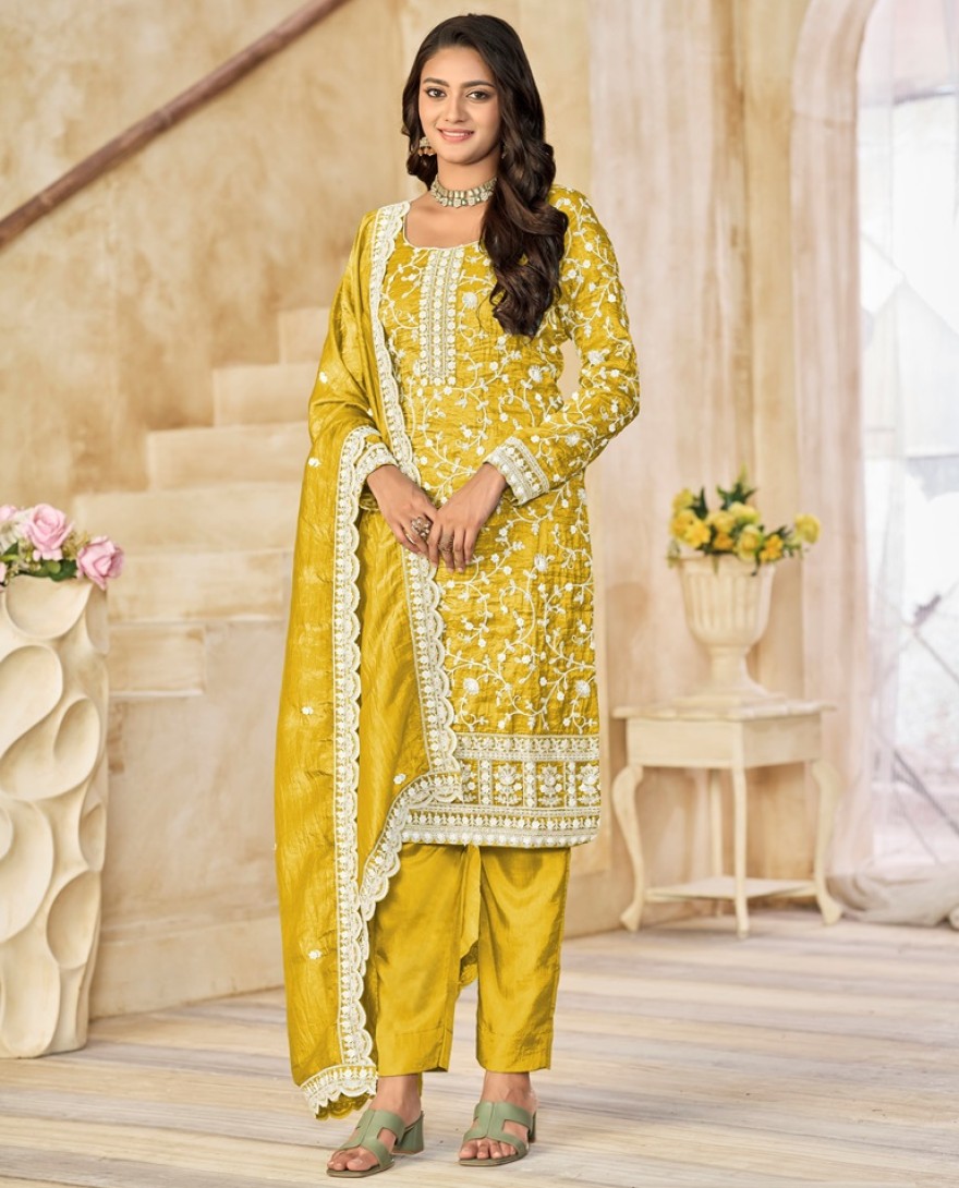 227-mustard - Embroidered Work Crush Straight Suit in Mustard for Women